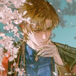  1boy armor averting_eyes blue_shirt blurry blush bracer braid brown_eyes brown_hair chinese_clothes closed_mouth code:_kite depth_of_field falling_petals flower hand_on_own_chin highres long_hair multiple_braids petals shirt shoulder_armor solo sun_ce_(code:_kite) weibo_username yan_yigu 