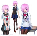  alternate_costume black_legwear commentary_request fate/grand_order fate_(series) glasses hair_over_one_eye lavender_hair looking_at_viewer mash_kyrielight necktie open_mouth pantyhose purple_eyes purple_hair sailor sailor_collar school_uniform serafuku shirotsumekusa short_hair smile solo 