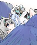  2girls 500_dollar_four_foot_tall_mareep_(meme) black_hairband blanket blue_hair censored choikfu commentary dakimakura_(object) firefly_(honkai:_star_rail) grey_hair hairband head_wings highres honkai:_star_rail honkai_(series) hugging_object long_hair meme mosaic_censoring multiple_girls pillow pillow_hug pointless_censoring purple_eyes robin_(honkai:_star_rail) sam_(honkai:_star_rail) under_covers wings 