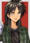  1boy asahi_breweries beer_can black_hair black_shirt can commentary_request drink_can fang gloves green_shirt grey_background highres holding holding_can itou_kaiji kaiji long_hair looking_at_viewer male_focus medium_bangs open_clothes open_mouth open_shirt parted_bangs plaid plaid_shirt po_xxxo2 pointy_nose red_background scar scar_on_cheek scar_on_face shirt simple_background skin_fang smile solo the_high-lows two-tone_background undershirt upper_body white_gloves 