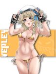  1girl absurdres artist_name beret bikini blue_eyes blue_ribbon breasts cameltoe character_name collarbone covered_nipples cowboy_shot double_v english_commentary fingerless_gloves girls&#039;_frontline girls&#039;_frontline_2:_exilium gloves gold_bikini hair_ribbon hat highres looking_at_viewer medium_breasts medium_hair micro_bikini navel nym+_(nymplus) open_mouth ribbon side-tie_bikini_bottom side_ponytail sidelocks simple_background smile solo stomach straight-on swimsuit two-tone_background v vepley_(girls&#039;_frontline_2) white_background white_headwear yellow_background 