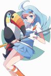  1girl absurdres ahoge bird blue_eyes blue_hair blue_headwear blue_skirt breasts buttons collared_shirt flipped_hair golf_club highres holding holding_golf_club kahili_(pokemon) kneehighs light_blue_hair long_hair mole mole_under_eye nanashiba_(banntlla) orange_socks pencil_skirt poke_ball_symbol pokemon pokemon_(creature) pokemon_sm shirt short_sleeves skirt socks striped_clothes striped_shirt toucan toucannon visor_cap 