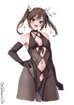  1girl :d alternate_costume bare_shoulders black_gloves blush breasts brown_eyes brown_hair clothing_cutout collarbone cropped_legs ebifurya elbow_gloves gloves hair_between_eyes hair_ribbon halterneck hand_on_own_hip highres kantai_collection long_hair looking_at_viewer navel navel_cutout one-hour_drawing_challenge open_mouth pantyhose pelvic_curtain ribbon sidelocks simple_background small_breasts smile solo sparkle tone_(kancolle) twintails twitter_username white_background white_ribbon 