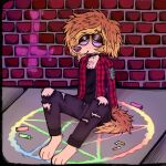 anthro brick_wall canid canine canis clothed clothing crayon detailed_background domestic_dog grunge_(fashion) hi_res male mammal occult_symbol pentagram sitting solo spitthesauce symbol wall_(structure)