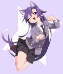  1girl :3 animal_ears black_necktie black_skirt black_socks blush cat_ears cat_girl cat_tail collared_shirt full_body goshiki_agiri grey_jacket highres jacket kill_me_baby loafers long_hair long_sleeves looking_at_viewer necktie one_eye_closed open_mouth paw_pose pleated_skirt purple_eyes purple_hair shirt shoes simple_background skirt socks solo tail two-tone_background very_long_hair white_shirt yachima_tana 