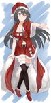  ;d absurdres alternate_costume ame-rain belt black_hair black_legwear boots breasts brown_eyes cleavage full_body fur-trimmed_boots fur-trimmed_legwear fur-trimmed_skirt fur_trim hair_between_eyes haruna_(kantai_collection) hat highres kantai_collection large_breasts long_hair looking_at_viewer midriff navel one_eye_closed open_mouth red_skirt santa_boots santa_costume santa_hat skirt smile solo thighhighs zettai_ryouiki 