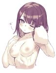  1girl ao_no_neko breasts cropped_torso dripping highres limited_palette looking_at_viewer medium_breasts medium_hair nipples nude one_eye_closed original parted_lips solo towel towel_around_neck wet 