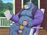 2024 absurd_res adios anthro bear belly big_belly blue_body blue_fur bulge eyewear fur glasses hi_res male mammal moobs nipples outside overweight overweight_male reading sitting solo