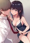  1girl babydoll bangs black_hair black_panties blush breasts brown_hair cleavage commentary_request dress_shirt faceless faceless_male finger_to_another's_mouth flirting frilled_babydoll gradient gradient_background height_difference hetero lingerie long_hair looking_at_another medium_breasts necktie necktie_grab neckwear_grab nishizawa original panties purple_eyes seductive_smile shinkon_santaku shirt sitting sitting_on_lap sitting_on_person smile underwear underwear_only white_shirt 