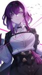  1girl black_jacket breasts cleavage cleavage_cutout clothing_cutout commentary eyewear_on_head gloves highres honkai:_star_rail honkai_(series) jacket kafka_(honkai:_star_rail) long_hair long_sleeves looking_at_viewer open_clothes open_jacket purple_eyes purple_hair rktsm shirt smile solo sunglasses upper_body white_background white_shirt 