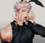  1boy animal_ears bara black_tank_top chengzhineixihuanxiaogou detached_sleeves fellatio grey_background grey_hair highres large_pectorals looking_at_viewer male_focus male_playboy_bunny muscular muscular_male open_mouth oral original pectorals piercing rabbit_boy rabbit_ears sexually_suggestive short_hair simple_background simulated_fellatio solo tank_top tongue tongue_out tongue_piercing 