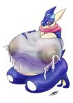 absurd_res amphibian anthro areola belly big_areola big_belly big_breasts blush bodily_fluids breasts clothed clothing digital_media_(artwork) female frog generation_6_pokemon greninja hi_res huge_areola huge_belly huge_breasts hyper hyper_areola hyper_belly hyper_breasts lactating lactating_through_clothing long_tongue milk nintendo nipple_outline nipples pokemon pokemon_(species) shaded shieradevil smile solo solo_focus tail tan_areola tan_nipples text thick_thighs tongue tongue_out unnamed_character wet wet_clothing