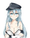  alternate_breast_size anchor_symbol aqua_eyes aqua_hair blush bra breasts cleavage closed_mouth collarbone commentary_request eyebrows_visible_through_hair flat_cap hat hibiki_(kantai_collection) highres isshii13 kantai_collection large_breasts long_hair looking_at_viewer school_uniform simple_background solo underwear upper_body white_background 