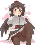  1girl absurdres arm_support black_hair black_skirt black_wings blush bow bow_panties breasts brown_pantyhose collared_shirt colored_shadow commentary_request dress_shirt feathered_wings feet_out_of_frame frilled_skirt frills hat highres knee_up looking_at_viewer low_wings medium_breasts mini_hat nintendo_switch open_mouth outline panties pantyhose pink_background pink_panties pleated_skirt polka_dot polka_dot_panties puffy_short_sleeves puffy_sleeves red_eyes red_headwear shadow shameimaru_aya shirt short_sleeves sitting skirt solo sweat thighband_pantyhose tokin_hat totoharu_(kujirai_minato) touhou two-tone_background underwear white_background white_outline white_shirt wings 