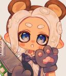 1girl :o animal_ear_hairband animal_ears black_bow black_bowtie blue_eyes bow bowtie brown_hairband commentary_request fake_animal_ears hairband highres holding holding_sword holding_weapon looking_at_viewer medium_hair ochocho2828 octoling octoling_girl octoling_player_character open_mouth shirt simple_background solo splatana_stamper_(splatoon) splatoon_(series) splatoon_3 sword tentacle_hair thick_eyebrows upper_body weapon white_background white_hair white_shirt 