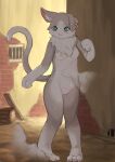 absurd_res anthro areola biped blush breasts detailed_background felid feline felis female fur genitals green_eyes hi_res inner_ear_fluff mammal nipples puck_(re:zero) pussy re:zero solo tuft white_body white_fur womb_tattoo xux_(artist)