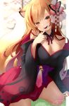  1girl :d animal_ear_fluff animal_ears bare_shoulders black_collar black_kimono blonde_hair blurry blurry_background breasts butterfly_hair_ornament chita_(ketchup) cleavage collar collarbone commentary_request depth_of_field detached_collar fox_ears fox_girl fox_tail hair_ornament hakama hakama_short_skirt hakama_skirt head_tilt highres japanese_clothes kimono large_breasts long_hair long_sleeves looking_at_viewer mole mole_on_breast multicolored_hair nail_polish neck_ribbon off_shoulder original purple_hakama red_eyes red_hair red_nails red_ribbon ribbon short_eyebrows signature skirt sleeves_past_wrists smile solo streaked_hair tail thick_eyebrows very_long_hair wide_sleeves wing_collar 
