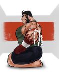  1boy absurdres alternate_costume artist_request bara black_shorts colored_skin forked_eyebrows full_body gradient_skin green_tank_top hachimaki hairy headband highres huge_pectorals looking_ahead male_focus mature_male muscular muscular_male mutton_chops nejiri_hachimaki pectorals profile red_skin seiza short_hair shorts sidepec sitting solo strongman_waist taigaabozusukii tajikarao_(housamo) tank_top thick_eyebrows tokyo_afterschool_summoners tusks two-tone_background 