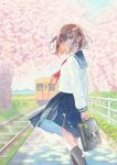  1girl bag bag_charm brown_eyes brown_hair charm_(object) cherry_blossoms dappled_sunlight day fence flower hair_ornament hairclip highres holding holding_bag k.nishiyama long_sleeves looking_at_viewer looking_back neckerchief original outdoors painting_(medium) petals railroad_tracks school_uniform serafuku short_hair skirt smile socks solo sunlight traditional_media train train_station_platform watercolor_(medium) 