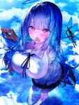  1girl absurdres arm_at_side black_ribbon black_skirt blue_background blue_butterfly blue_hair blue_halo blue_nails blue_theme blunt_bangs blush breasts bug butterfly candy chocolate chocolate_bar cloud food halo hand_up heart heart-shaped_chocolate heart-shaped_pupils highres huge_breasts light_particles long_hair long_sleeves looking_at_viewer mouth_hold neck_ribbon original pink_eyes reflection reflective_water ribbon sidelocks skirt soaking_feet solo standing symbol-shaped_pupils w_(w64851564) water 