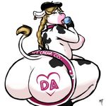  2017 anthro beret big_butt blush bovine braided_hair breasts butt cattle dairy_air dessert ear_piercing english_text female food hair hat huge_butt ice_cream looking_back mammal masamaki mascot nipples nude open_mouth piercing simple_background solo tattoo text thick_thighs voluptuous wide_hips 