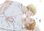  2boys 961_masashi artist_name blonde_hair blush breath closed_eyes collared_shirt ear_piercing given hand_on_another&#039;s_back kaji_akihiko licking licking_another&#039;s_face male_focus multiple_boys nakayama_haruki piercing shirt short_hair signature sound_effects speech_bubble sweatdrop tongue tongue_out translation_request white_background white_shirt 
