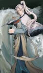  1boy absurdres black_eyes chinese_clothes coat floating_clothes floating_hair from_side highres holding holding_sword holding_weapon li_bai long_hair looking_at_viewer original ponytail solo sword user_edjp4247 waves weapon white_hair 