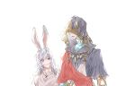  1boy 1girl :d animal_ears child closed_mouth crystal_exarch final_fantasy final_fantasy_xiv g&#039;raha_tia grey_shirt hood hood_up hooded_robe long_hair looking_at_another lyna_(ff14) purple_eyes rabbit_ears robe shirt simple_background smile tladpwl03 viera white_background white_hair 