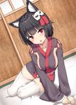  animal_ears azur_lane black_hair blush breasts cat_ears detached_sleeves eyebrows_visible_through_hair futon hair_ornament highres indoors japanese_clothes kimono large_breasts looking_at_viewer red_eyes reinama seiza short_hair sideboob sitting smile solo thighhighs white_legwear wide_sleeves yamashiro_(azur_lane) 