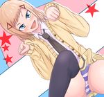  blonde_hair blush buttons cardigan fangs jacket kemusi-no-bansan-kai loose_necktie minami_koharu necktie open_cardigan open_clothes panties paw_pose short_hair sitting solo spread_legs striped striped_panties thighhighs unbuttoned underwear watashi_ga_motenai_no_wa_dou_kangaetemo_omaera_ga_warui! 