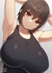  1girl armpits arms_up black_one-piece_swimsuit breasts brown_eyes brown_hair closed_mouth collarbone hair_between_eyes highres huge_breasts looking_at_viewer one-piece_swimsuit original samegami short_hair smile solo swimsuit 