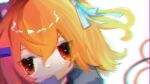  1girl a.i._voice absurdres adachi_rei blurry cable chromatic_aberration close-up film_grain hair_between_eyes hair_ribbon highres looking_at_viewer medium_hair one_side_up orange_eyes orange_hair portrait ratechi ribbon solo utau white_background 