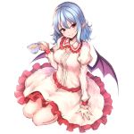  1girl bangs bat_wings blue_hair blush breasts center_frills commentary_request cup dress eyebrows_visible_through_hair frilled_shirt_collar frills hair_ornament hand_up head_tilt holding holding_cup juliet_sleeves junior27016 long_sleeves looking_at_viewer medium_breasts no_hat no_headwear pointy_ears puffy_sleeves red_eyes remilia_scarlet short_hair simple_background sitting smile solo teacup thighs touhou white_background white_dress wings 