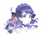  1girl :o black_bow blue_hair blue_hairband blush bow character_request chibi chibi_inset choker copyright_request cropped_head hair_bow hairband highres long_hair looking_at_viewer multiple_views open_mouth purple_choker qinglai_haiji red_eyes sidelocks simple_background white_background 