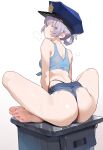  1girl ai-generated ass ass_focus barefoot braided_hair_rings denim denim_shorts feet hat highres nanakusa_nazuna_(yofukashi_no_uta) police_hat purple_hair shirt shorts sleeveless toes white_background yabe yofukashi_no_uta 