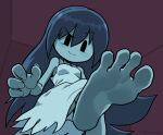  1girl absurdres barefoot blue_hair blue_skin colored_skin feet fingernails foot_focus from_below ghost_girl hair_between_eyes highres long_hair oyatsu_(mk2) simple_background smile soles solo spooky&#039;s_house_of_jump_scares spooky_(shojs) toes torn_clothes 