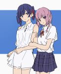  2girls atenaba bare_arms blue_background blue_eyes blue_hair braid collared_shirt cowboy_shot dress highres holding_another&#039;s_arm kaf_(kamitsubaki_studio) kamitsubaki_studio looking_at_viewer medium_hair multicolored_hair multiple_girls neck_ribbon one_side_up parted_lips pink_hair plaid plaid_skirt pleated_skirt purple_skirt red_hair red_ribbon ribbon rim_(kamitsubaki_studio) shirt short_sleeves skirt sleeveless sleeveless_dress streaked_hair twin_braids two-tone_background white_background white_dress white_shirt yellow_pupils 