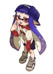  1girl :p backwards_hat baseball_cap black_shorts blue_hair blue_headwear commentary_request eyebrow_cut full_body gradient_hair hat ikki_(gsl_9708) inkling inkling_girl inkling_player_character korean_commentary long_hair looking_at_viewer multicolored_hair pointy_ears purple_hair red_eyes shoes shorts simple_background sleeves_past_wrists solo splatoon_(series) standing tentacle_hair thick_eyebrows tongue tongue_out two-tone_hair white_background white_footwear 