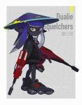  1girl black_footwear blue_hair blue_headwear dark-skinned_female dark_skin dual_wielding dualie_squelcher_(splatoon) full_body gun hat highres holding holding_gun holding_weapon inkling_girl inkling_player_character jacket long_hair long_sleeves looking_at_viewer pointy_ears shoes simple_background sneakers solo splatoon_(series) standing tears tentacle_hair totocosakana twitter_username weapon yellow_eyes 