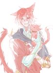  1boy animal animal_ears bell cat cat_ears cat_tail crystal_exarch final_fantasy final_fantasy_xiv g&#039;raha_tia holding holding_animal holding_cat hooded_robe jingle_bell male_focus neck_bell open_mouth red_eyes red_hair robe tail tladpwl03 