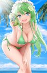  1girl :d bare_arms bikini blue_eyes blue_sky blush brand_name_imitation breasts cleavage cloud collarbone commentary_request cup curvy day disposable_cup eyelashes feet_out_of_frame fingernails fruit_hat_ornament gibun_(sozoshu) green_hair hair_between_eyes halterneck hand_on_own_thigh highres holding holding_cup large_breasts leaning_forward long_hair looking_at_viewer open_mouth original outdoors palm_leaf round_teeth side-tie_bikini_bottom sidelighting sidelocks skindentation sky smile solo standing starbucks straight_hair sunlight swimsuit teeth thigh_gap thighs upper_teeth_only very_long_hair 