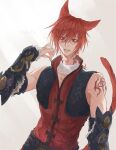  1boy animal_ears black_vest braid cat_ears cat_tail character_name final_fantasy final_fantasy_xiv g&#039;raha_tia hand_up hooded_robe jacket long_hair looking_at_viewer male_focus red_eyes red_hair red_jacket robe shoulder_tattoo smile tail tattoo tladpwl03 upper_body vest 