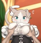 absurd_res ambiguous_gender anthro biped blurred_background blush breast_grab breasts clothed clothing duo felid feline felis female frown fur grey_body grey_fur hand_on_breast hi_res human mammal puck_(re:zero) re:zero tail white_body white_fur xux_(artist)