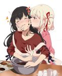  2girls apron black_hair blonde_hair blush bowl chocolate chocolate_making collarbone commentary food food_on_face frilled_shirt frills hair_ribbon highres holding holding_spatula inoue_takina licking licking_another&#039;s_cheek licking_another&#039;s_face long_hair low_twintails lycoris_recoil multiple_girls nishikigi_chisato one_side_up open_mouth or2_(sahr7857) pink_shirt purple_eyes red_eyes red_ribbon red_sweater ribbon shirt short_hair simple_background sleeves_past_elbows spatula sweatdrop sweater tongue tongue_out twintails valentine white_apron white_background yuri 