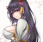  azur_lane black_hair breasts cherry_blossoms cleavage_cutout eyebrows_visible_through_hair flower hair_between_eyes hair_flower hair_ornament hiei_(azur_lane) highres horns large_breasts long_hair looking_at_viewer smile solo tetsu_(excalibur920) upper_body white_background yellow_eyes 