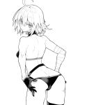  10mo 1girl ahoge ass back bandaged_arm bandages bare_shoulders bikini breasts fate/grand_order fate_(series) gloves greyscale highres jeanne_d&#039;arc_alter_(fate) jeanne_d&#039;arc_alter_(swimsuit_berserker)_(fate) looking_at_viewer looking_back medium_breasts monochrome short_hair solo swimsuit thighs 