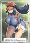  1girl arm_behind_back artist_name baseball_cap bent_over black_gloves black_hair bralines breasts covered_collarbone dialogue_box english_text eyelashes feet_out_of_frame fenrox fingerless_gloves gloves grey_eyes grey_shirt grey_shorts hand_on_own_thigh hat high_collar highres large_breasts leaning_forward long_hair looking_at_viewer open_clothes open_vest orange_headwear orange_vest outline parted_lips pokemon pokemon_oras pokemon_ranger_(pokemon) ponytail red_headwear rope shirt short_sleeves shorts signature sleeves_rolled_up solo standing taut_clothes taut_shirt vest white_outline 