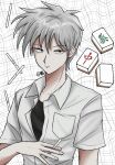  1boy akagi:_yami_ni_oritatta_tensai akagi_shigeru amane_meguru black_eyes black_shirt breast_pocket closed_mouth collared_shirt commentary expressionless fukumoto_mahjong grey_hair hair_between_eyes highres holding holding_tenbou looking_at_viewer mahjong mahjong_tile male_focus medium_bangs open_clothes pocket shirt short_hair short_sleeves solo tenbou undershirt upper_body white_background white_shirt 