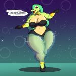 1:1 alligator alligatorid anthro belly_dancer belly_dancer_outfit big_breasts bottomwear breasts clothing cosplay crocodilian dancing dialogue donkey_kong_(series) english_text exhibitionism female footwear genie gloves green_body green_hair hair handwear hi_res kremling kurve looking_at_viewer lunis1992 lunisnightwind nintendo open_mouth reptile scalie shoes smile solo teeth_showing text thick_thighs translucent translucent_bottomwear translucent_clothing wide_hips