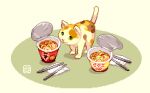 ambiguous_gender calico_cat cc-by-nc-nd chopsticks creative_commons digital_media_(artwork) domestic_cat felid feline felis feral food green_eyes instant_noodle mammal moawling noodles paws pixel_(artwork) quadruped raised_tail solo tail